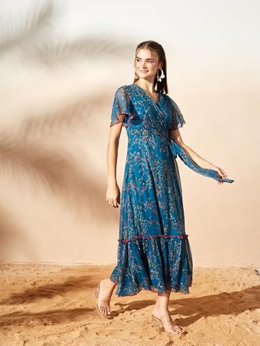 Image of Miss Chase Women's Floral V-Neck Flutter Sleeve Wrap Chiffon Maxi Dress