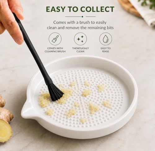 Image of Homeze Premium Ceramic Garlic Grater Plate with Cleaning Brush | Easy Clean Ginger Grinder & Garlic Crusher for Kitchen | Non-Slip Durable Grating Dish