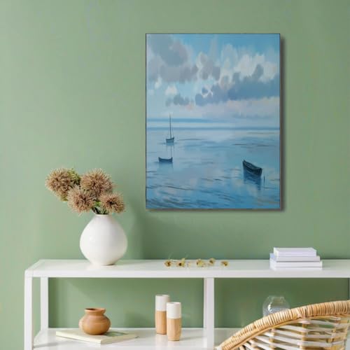 CDXNORA Impression sur Toile Mer Bateau 60x80 cm, Style Réaliste De Peinture À L'Huile peinture sur Toile Salon Chambre, 1 Pièce Bleu Tableau Decoration...