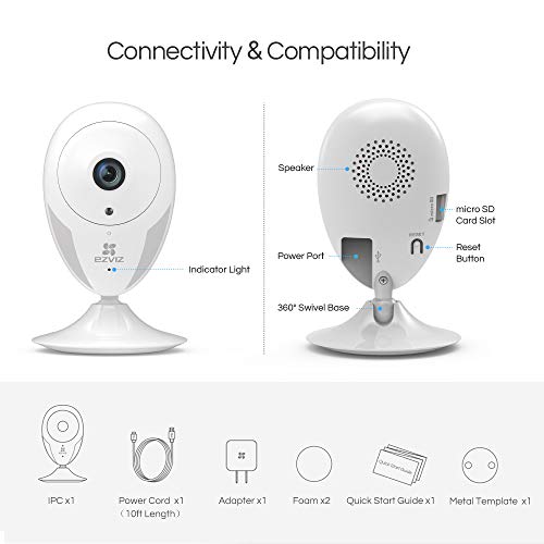 EZVIZ Indoor Wi-Fi Security Camera, 25ft Night Vision, Motion Detection Alert, Baby/Pet Monitoring, 111° Wide Angle, Two- Way Audio, IPC Works with Alexa Google Home (CTQ2C-WH)
