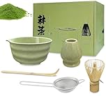Matcha Set Whisk and Bowl Kit, Matcha Tea Set Gift Includes Ceramic Bowl with Pouring Spout, Bamboo Spoon, Sifter, Bamboo Whisk and Broom Holder, for Beginners and Enthusiasts