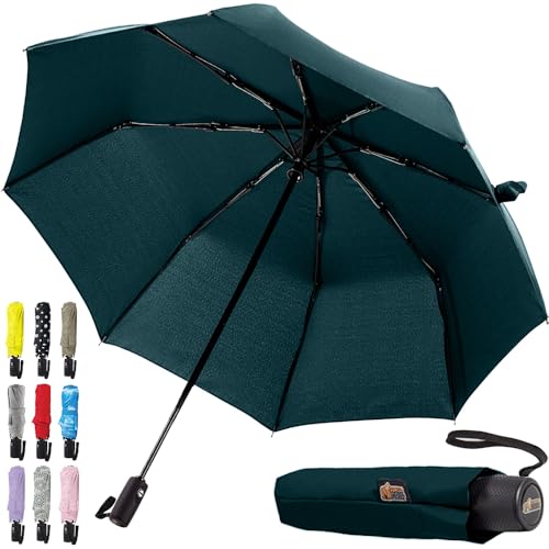 Image of GORILLA GRIP Compact Travel Size Umbrella for Rain, Sleek Design Fits Backpack, Purse and Carry On, Lightweight Under 1lb, One Click Open and Close, Wind Resistant, Durable Waterproof, Hunter Green