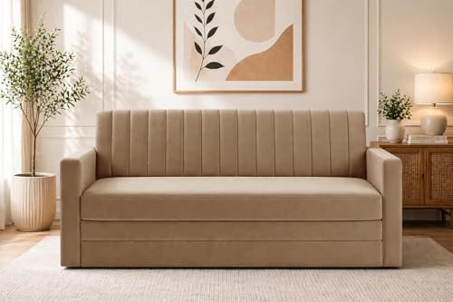 Image of Modern Velvet 3 Seater Sofa Cum Bed with Armrest, Convertible Sleeper Couch Sofa for Living Room, Bedroom & Office - Golden Color