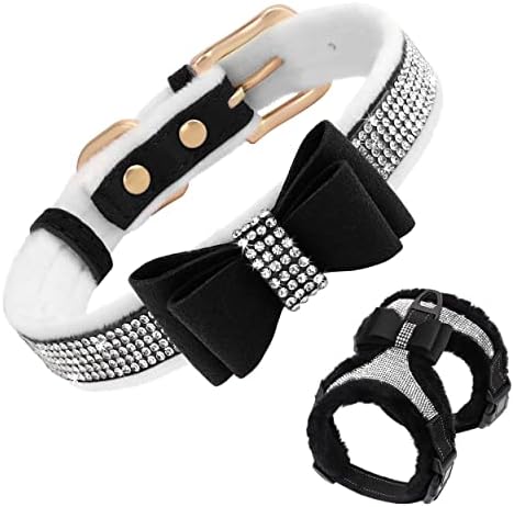 Beirui Padded Dog Collar & Harness (Neck:12-15’’, Chest:20-29″) – Bling Rhinestone Dog Collar Harness Set with Cute Bow Tie for Small Medium Dogs
