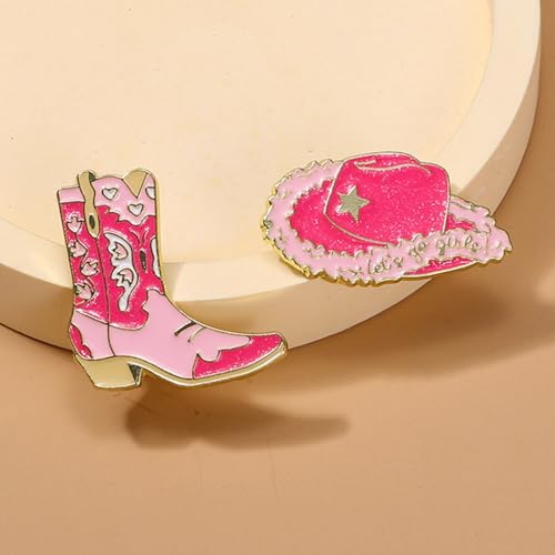 2Pcs Personalized Hot Girl Cartoon Cowboy Girl Brooch High-end Enamel Badge Metal Backpack Badge Pink Cowboy Hat, Retro Boots Style Design, Versatile Clothing Hat Embellishment, Holiday Gift Selection, Best Friend's Gift3