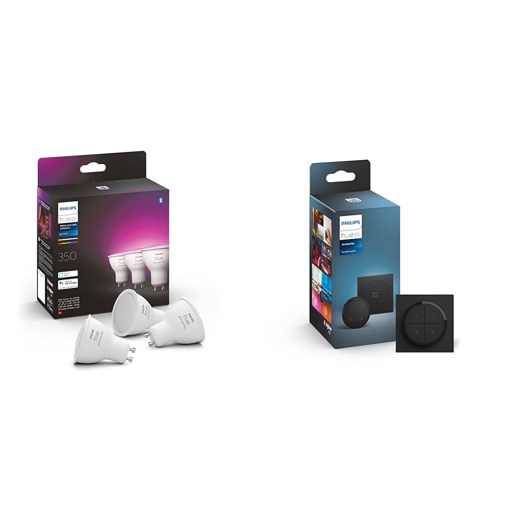 Philips Hue Philips Hue White & Colour Ambiance Smart Spotlight 3 Pack LED - 350 Lumens & Tap Dial Switch Easy Smart Lighting Control. Indoor Home Lighting Automation, Set Scenes, Ambiance and Dimming.