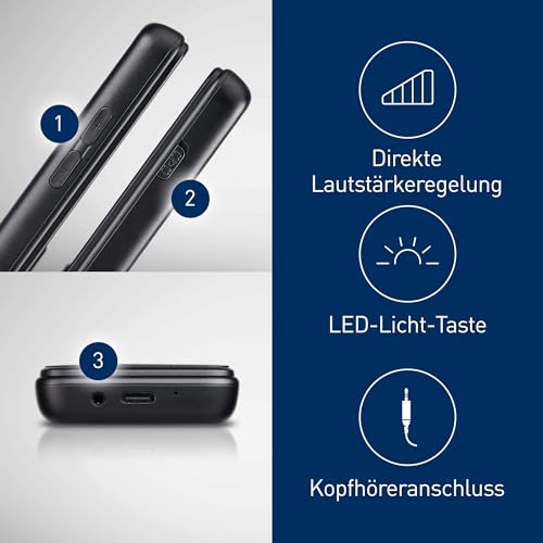 Panasonic KX-TF200EXB Mobiltelefon, Dualband-GSM 900/1800 MHz, 2,4 TFT-Farb-LCD, 0,3 Megapixel, 1000 mAh Li-Ionen-Akku, kompatibel mit Hörgeräten, einzelne SIM-Karte, USB-C, Schwarz