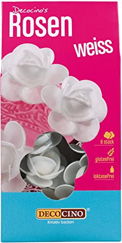 DECOCINO Rosen aus Esspapier Weiß (2 x 8 Stk.)– als essbare Blumen für Hochzeits-Deko & Geburtstags-Deko auf Torten, Kuchen, Cup-Cakes, Muffins!