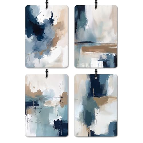 Image of Modern Abstract Abstract Car Air Freshener 4 Pcs, Boho Minimalist Blue White and Brown Hanging Air Freshener for Cars Closet Drawer Books, Girly Car Accessories Mirror Decor for Women