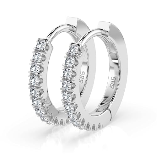 Aros de Oro Blanco 585 con 22 Diamantes 0.22 ct - Pendientes de Aro para Mujer en Oro Auténtico - Joya Clásica