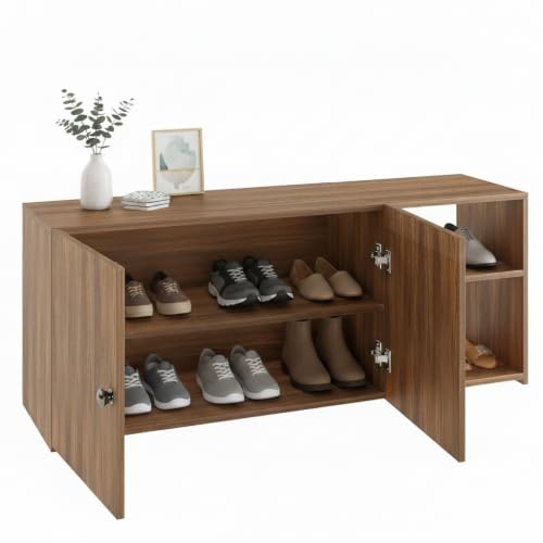 Image of FURNEASER Cosmos 2 Door Shoe Rack Cabinet | Engineered Wood Shoe Storage Organizer | 4 Shelf Shoe Stand Holds 10 Pairs | Space Saving Footwear Rack for Home (Exotic Teak)