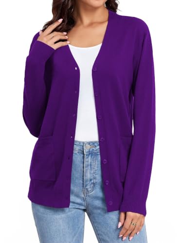 Image of Women's Lightweight Button Down Cardigan Sweaters Long Sleeve Classic V Neck Knit Soft Shrugs with Pocket