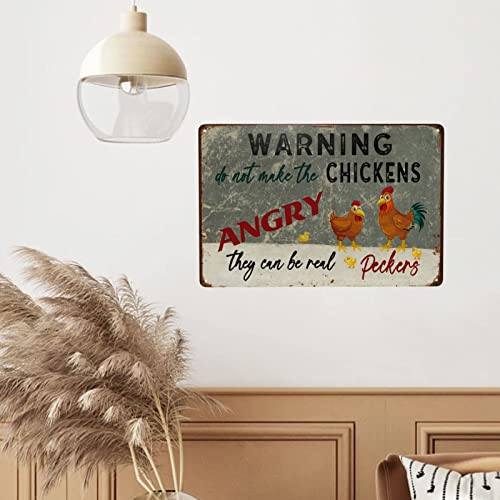 Retro Warning Chicken Metal Signs Wall Art Decorative Farm Plaques Warning Do Not Make The Chickens Angry They Can Be Real Peckers Vintage Iron Posters For Farm Decor 8X12 Inches #TOP3