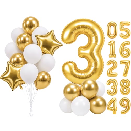 Image of PartyWoo Metallic Gold Number 3 Balloon 40 Inch 25pcs Gold Foil Star White