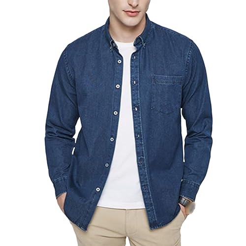 JEKE-DG Men's Long Sleeve Casual Denim Jacket Lapel Button Up Cotton Jean Shirt Comfort Stretch Classic Jean Shirts