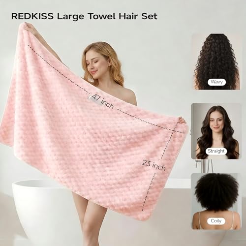 Image of REDKISS 4 Pack Extra Large Hair Towels - Microfiber Hair Towel Wrap for Women, 23 x 47 inches Hair Towels with Elastic Strap, Super Soft Hair Drying Towels for Long, Thick, Curly Anti Frizz Turbans