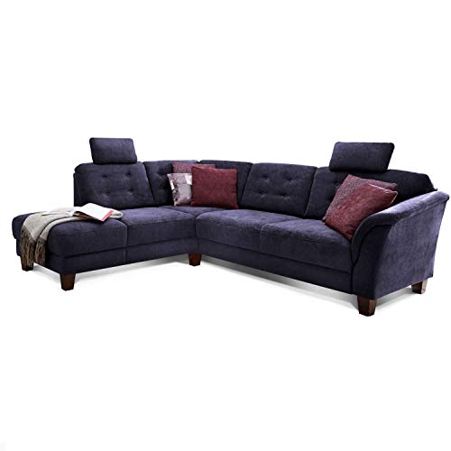 Cavadore Ecksofa Trond mit Ottomane links / Federkern-Sofa im Landhausstil mit 2 Kopfstützen und Vorziehsitz mit Bettkasten / 260 x 89 x 214 / Webstoff dunkelblau