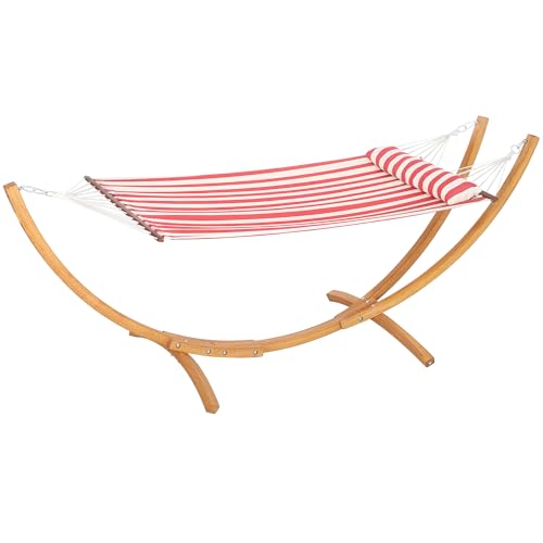 Amaca Outsunny a 1 posto, amaca con supporto in legno, cuscino per la testa, lettino in cotone, per la piscina all'aperto, a strisce rosse e bianche