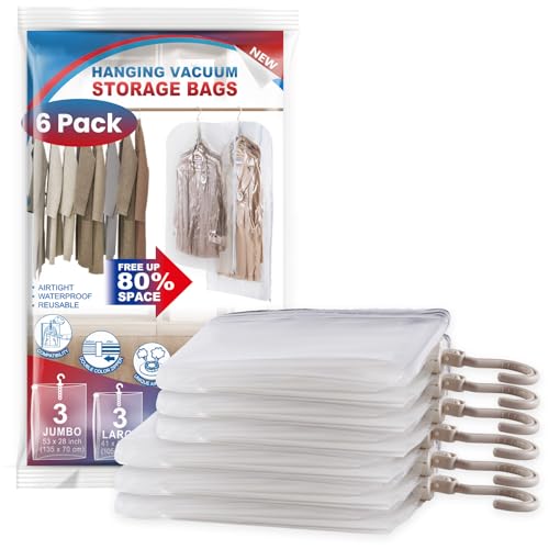Hanging Vacuum Storage Bags, 6 Pack Large Hanging Space Saver Bags, Vacuum Sealed for Clothes Suits...