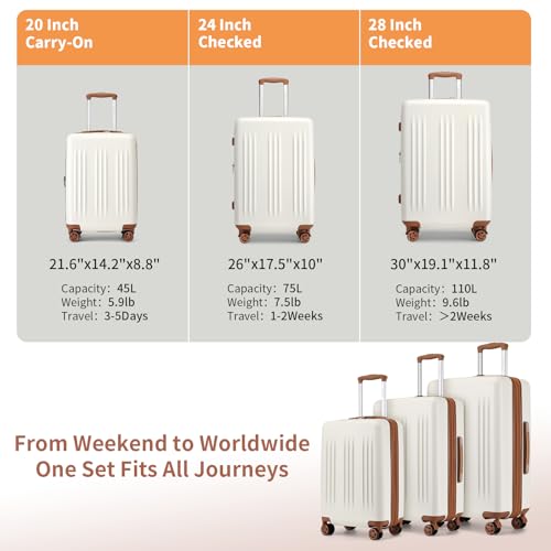 Image of Kono 3 Piece Expandable Luggage Set with Spinner Wheels Hardshell, Cream