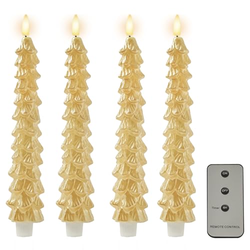 DN DECONATION 4PCS Flameless Christmas Tree Candles with Remote, LED Christmas Flameless Taper Advent Candles Battery Operated, Gold Tree Shaped Fake Candle Sticks for Table Decor Window Decorations by DN DECONATION - Used condition - US$5.63