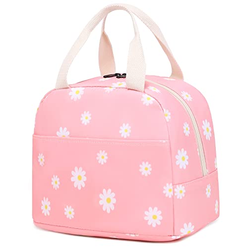 Mimfutu Flowers Insulated Lunch Bag for Women Girls, Reusable Lunch Box Picnic Tote Bags for Adults Kids School Work Travel (Pink)