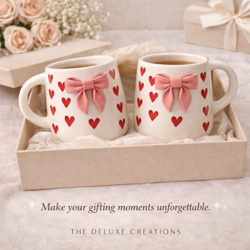 Image of The Deluxe Creations Ceramic Coffee Mug Set of 2 | Handcrafted Bow & Heart Design | Elegant Gift-Style Tea & Coffee Cups | Ideal for Gifting, Couples & Home Decor (Pink Bow Design)