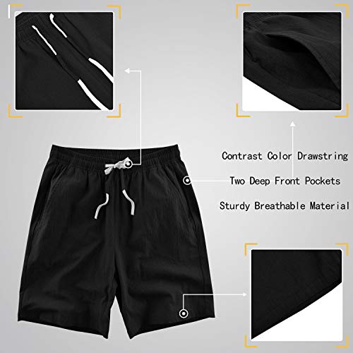 LTIFONE Mens Casual Shorts Elastic Waist 7" Inseam with Drawstring Slim Fit Summer Pants with Pockets(Black,S)