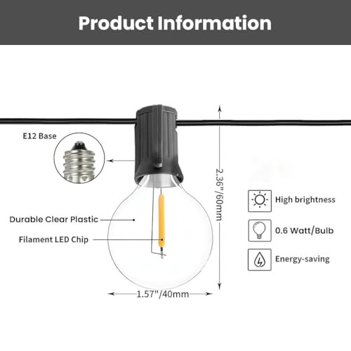 Image of SK20 G40 Outdoor String Lights 50ft Decorative LED Bulbs IP65 Waterproof Shatterproof Indoor /Outdoor Lighting 0.6W Energy Saving Hanging Light for Backyard Terrace Garden Balcony (50+2 Bulbs)