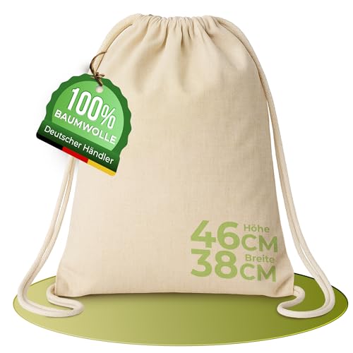 Stoffbeutel Turnbeutel Baumwolle 38x46cm – OEKO-TEX® 100 zertifiziert – Sportbeutel mit Kordelzug – Nachhaltiger Baumwollbeutel Jutebeutel für Sport, Schule & Freizeit (1, natur, 38x46cm)