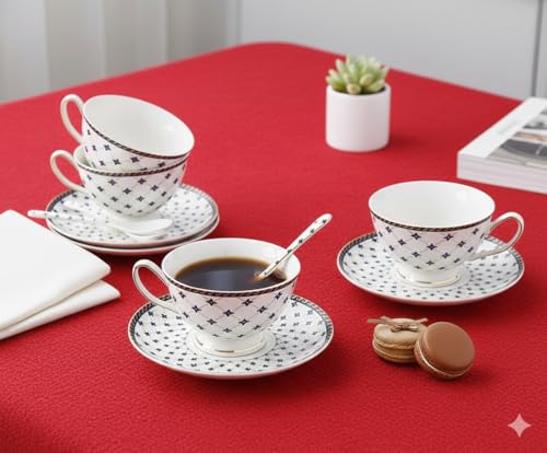 Image of Tableware Bone China White Black Cups and Saucer with Golden Rim, 180 ml Tea Cup Set of 6 Cup and Saucer Set for Tea Milk & Coffee Chai, Tea Cup Set Lattee Coffee Mug