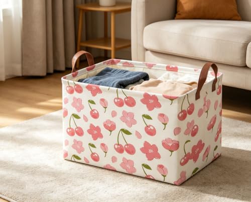 Image of Rectangular Cherry Basket Girls Baskets Storage Bins Room Decor Cute Organizer Box(Cherry)
