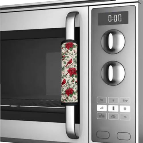 Image of Fridge Door Handle Covers Set of 6 Kitchen Appliance Decor Handles Glove Anti-Slip Protectors for Christmas Winter Holiday Decor, Poinsettia Flower Cardinal Bird Retro Pattern
