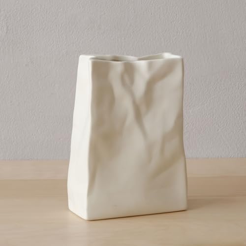 WENSHUO Crinkle Paper Bag Ceramic Vase, Modern Aesthetic Flower Vase