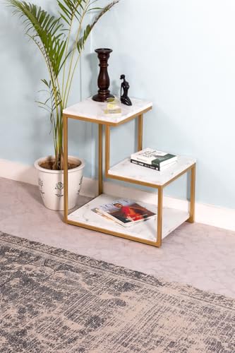 Image of 3 Tier Sofa Side Table, Modern Coffee Table Nightstands with Metal Frame and White MDF Desktop for Living Room Bed Room Decor (Golden White)