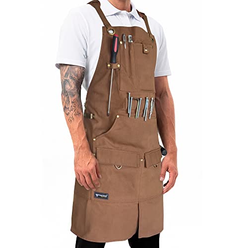 Fightech® Waxed Canvas Apron With Tool Pockets | Work Apron W Kevlar Stitching | Woodworking Shop Apron | Adjustable M-Xxl (Brown, Canvas) #TOP19