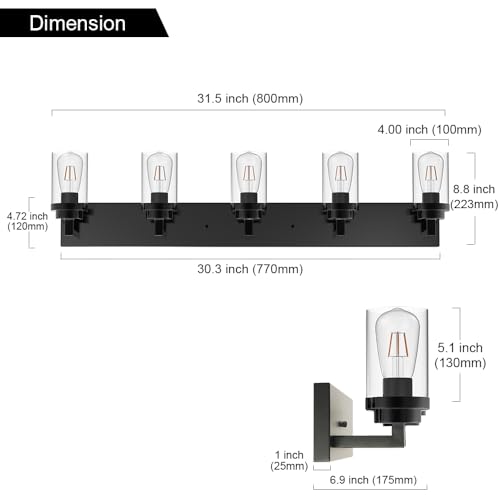 Image of MELUCEE 5-Light Black Bathroom Light Fixtures with Clear Glass Shade, Black Vanity Lights Industrial Wall Mount Light for Bathroom Mirror, Powder Room Bedroom