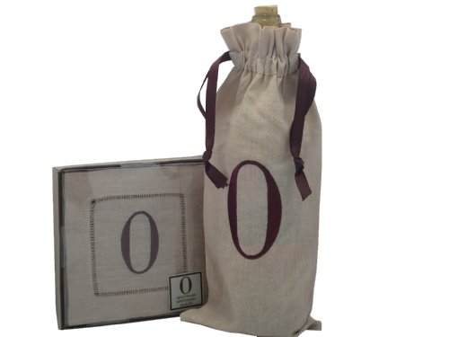 Mud Pie Initials Cosmopolitan Home Linen Bottle Bag and Set of 4 Linen Coasters, Letter O
