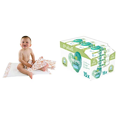 Teqler Baby-Wickelunterlagen: Wickelunterlagen mit verschiedenen Motiven für unterwegs, hygienisch mit Superabsorber 40 x 60 cm (50-er Pack) & Pampers Harmonie Aqua Baby Feuchttücher, 720 Tücher