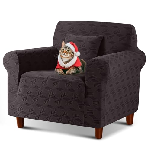 Image of TAOCOCO Stretch Chair Slipcover, 1Piece Non Slip Armchair Cover Washable Chair Sofa Slipcover with 1PCS Throw Pillow Cover, Jacquard Furniture Protector for Pets Dog(1 Seater,Chocolate)