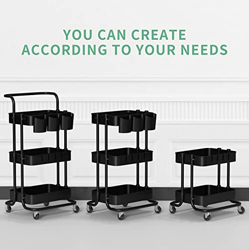 ALVOROG 3-Tier Rolling Utility Cart Movable Storage Organizer Shelves with Wheels and Hanging Cups Multifunctional Service Cart for Kitchen, Office, Coffee Bar-Black - Thumbnail 4
