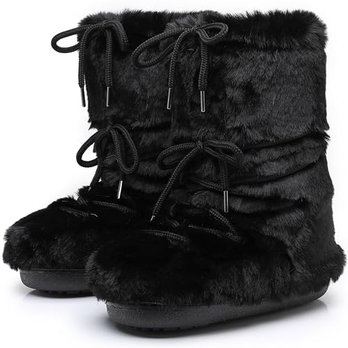 Black White Fur Boots, Furry Fuzzy Snow Boots for Women with Faux Fur Lined Non-Slip Lace-up Mid-Calf Ski Boots 2025