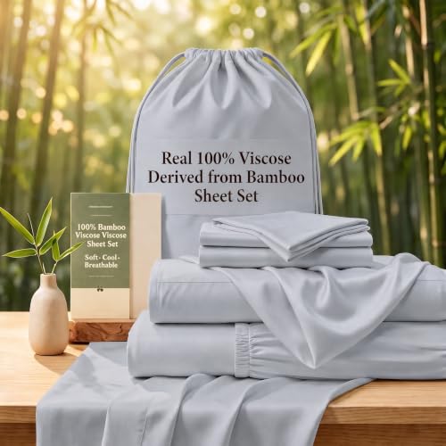 Image of TWK Real 100% Viscose Derived from Bamboo Sheets Set King Size, Cooling & Silky Soft for Hot Sleeper, Breathable & Moisture Wicking Fabric, 18 inch Deep Pocket with Corner Straps (French Blue, King)