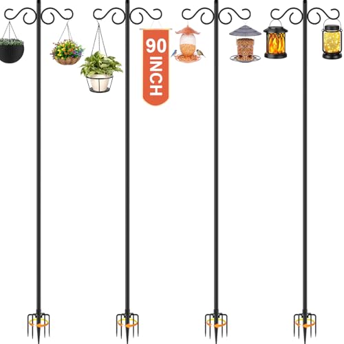 Image of RCUICA Double Shepherds Hooks for Outdoor,4 Pack 90 Inch Bird Feeder Pole with 5 Prongs Base,Heavy Duty Shepherds Hook,Suitable for Garden in Hanging Flower Basket,Lantern,Bird Nests (4 Pack 90 inch)