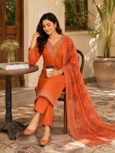 Image of KD Women Embroidery Rayon Kurta Pant Set with Dupatta | Kurta Set for Women | Daily Office & Festive Traditional | Stylish Kurti Pant Set with Dupatta