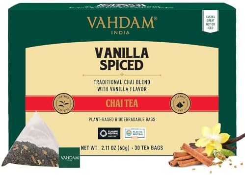 VAHDAM Vanilla Chai Teabags (30 Count) Individually Wrapped Pyramid Teabags