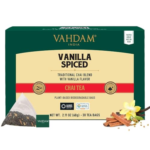 VAHDAM Vanilla Chai Teabags (30 Count) Individually Wrapped Pyramid Teabags