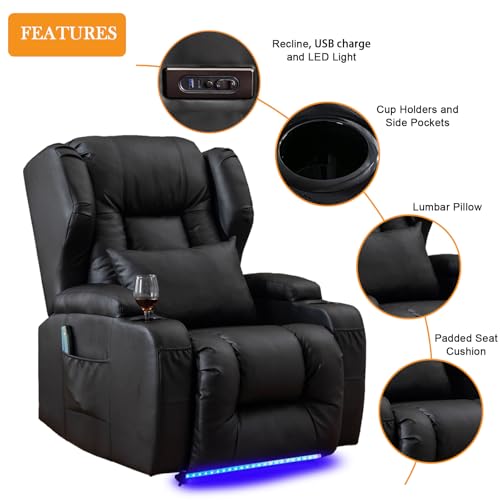 Image of Oprisen Wall Hugger Power Recliner Chair Set of 3, Overstuffed Home Theater Seating w /Heat Massage Electric Movie Gaming Sofa Reclining Sleeper Chair with LED Light /Lumbar Pillow /Cup Holders