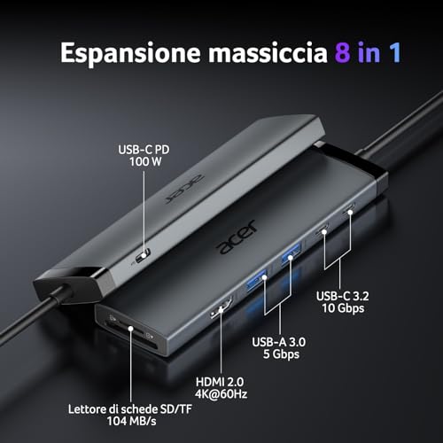 Acer Hub USB-C 10 Gbps 8 in1, Adattatore USB-C a HDMI 4K@60Hz, 2*USBC 3.2, 2*USB-A 3.0, splitter multiporta Type-C con PD 100W e lettore di schede SD/TF, per laptop, PC, iPad Pro - Hub USB - Immagine 6