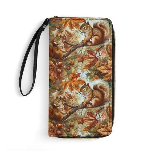 Fall Squirrel Women's Wallet Wristlet Zipper Purse with Hand Strap Travel Credit Card Holder for Daily Use Gifts